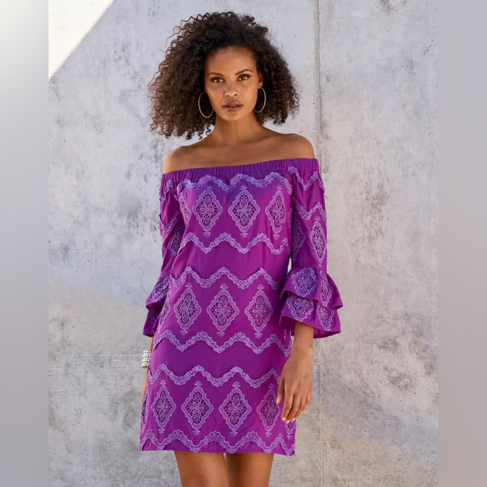 Boston Proper Purple Off-Shoulder Lace-Pattern Dress